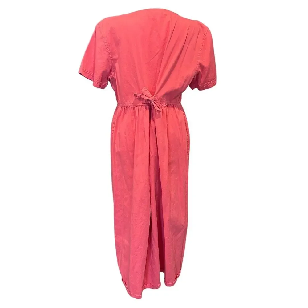 Vintage 90s Coral Cotton Button-Front Empire Waist Midi Dress Cottagecore XL